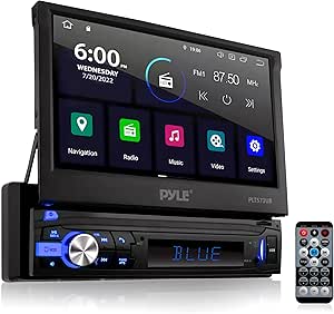 PyleUsa Car Stereo Video Receiver - Multimedia Player, BT Wireless Streaming, Hands-Free Talking, Motorized Fold-Out 7’’ Touchscreen Display, MP4/MP3/USB/SD/AM/FM Radio, Single DIN - PLTS73UB