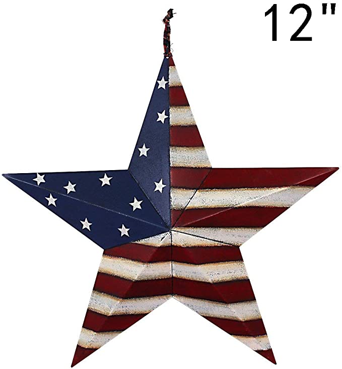 E-view Metal American Flag Barn Star Decor Patriotic Mounted 3D Wall Art July of 4th Decoration 12"-A