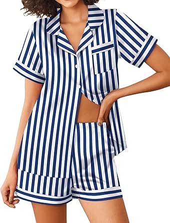 Ekouaer Womens Silk Satin Pajama Sets 2 Piece Short Sleeve Sleepwear Button Down Top and Shorts Striped Pjs Lounge Sets S-XXL