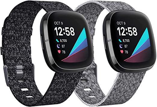 KIMILAR 2 Pack Bands Compatible with Fitbit Versa 3 / Fitbit Sense Bands, Small Large Soft Woven Fabric Breathable Accessories Strap Replacement Wristband Women Men for Versa 3 / Sense Smart Watch