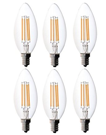 6-pack Bioluz LED™ Dimmable Filament Candelabra Clear 60 Watt LED Bulbs (Uses only 4.5 watts), E12 Base, C37 High Efficiency, 360° LED Candle Bulbs, Pack of 6