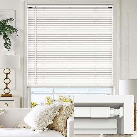 LazBlinds Cordless No Tools-No Drill 1" Vinyl Horizontal Mini Blinds, Light Filtering Blinds for Windows, Blinds & Shades for Window Size 34" W x 72" H, White