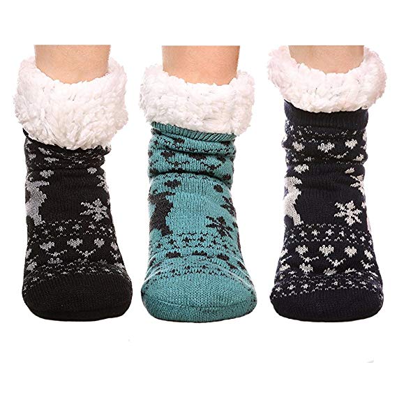 FRALOSHA ladies slippers floor Socks Home Slipper Women's Winter Warm Fuzzy Anti-Skid Lined Slipper Socks 3 Pairs