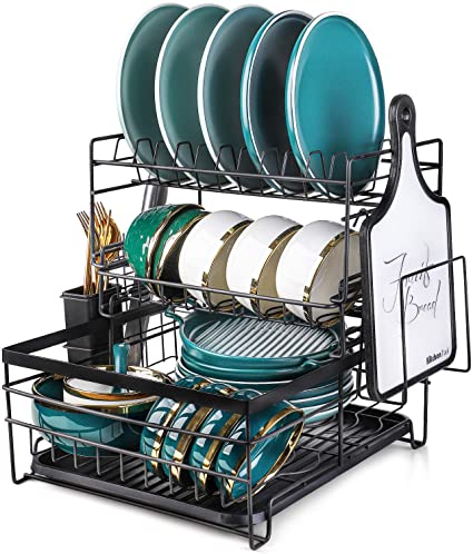 Dish Drying Rack, BEYONDA 3 Tier Dish Rack with Tray, Rustproof Dish Drainer Dry Rack for Kitchen Counter Top, Drainboard Set with Removable Utensil & Chopping Holder, 6 Cup Holder, Black