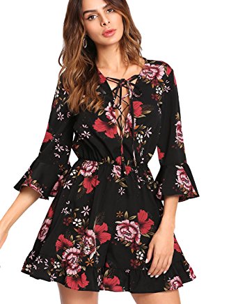 Romwe Women's Floral V Neck 3/4 Sleeve Party Romper Short Jumpsuit