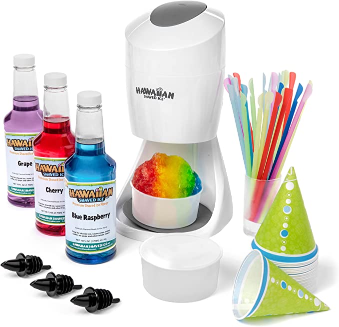Shaved Ice Machine and Syrup Party Package | Includes S900 Shaved Ice Machine, 3 Ready-to-Use Pints of Syrup, 25 Snow Cone Cups, 25 Spoon Straws, 3 Black Bottle Pourers, & 2 Round Block Ice Molds
