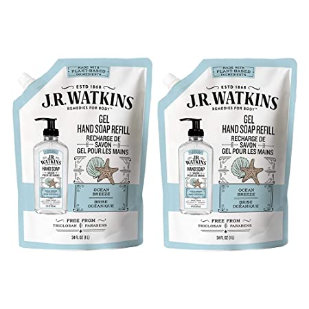 JR Watkins Liquid Hand Soap Refill Pouch, Ocean Breeze, 2 Pack, Scented Liquid Hand Wash for Bathroom or  Kitchen, USA Made and Cruelty Free, 34 fl oz