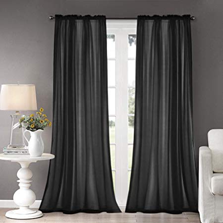 Black Chiffon Silk Semi Sheer Curtains 96 Inch Long for Living Room, Rod Pocket Bedroom Curtain Bedding Drapes,2 Panels 52" W x 96" L, Window Treatment Draperies