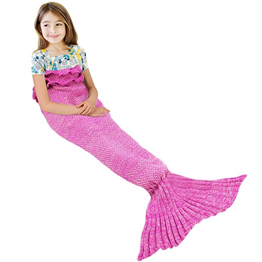 Ylovetoys Warm Soft Mermaid Tail Crochet Blanket for Kids, Rose Ruffle Style, 55"x28"
