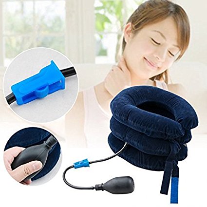 Finlon Inflatable Cervical Neck Back Traction Device Air Inflatable Pillow Neck Head Stretcher Pain Relief Collar Blue Color