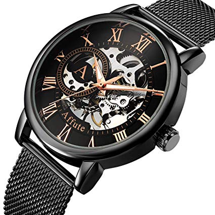Men's Hand-Wind Mechanical Watches Classic Skeleton Black Mesh Stainless Steel Strap Waterproof Wrist Watch