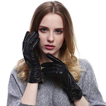 Vemolla Luxury Women Genuine Leather Gloves Fleece Lining for Texting Driving Winter