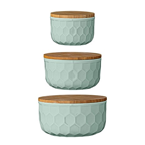 Bloomingville Ceramic Bowl Set with Bamboo Lids, Mint Green