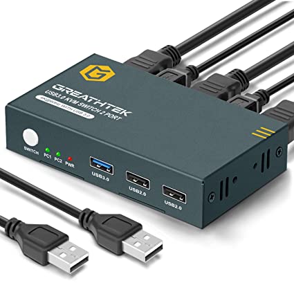 HDMI KVM Switch 2 Port, USB3.0, Ultra HD 4K @60Hz, 2 PC Share 1 Set of Keyboard, Mouse and Monitor, with 2 USB 3.0 A-A Cables and 2 HDMI 2.0 Cables, Support Wireless Keyboard and Mouse