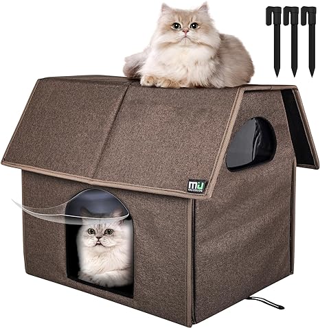 MIU Color Outdoor Cat House, Upgraded Large Weatherproof Cat Houses for Outdoor/Indoor Cats, Feral Cat Shelter with Removable Soft Mat, 3 Windproof Ropes, Easy to Assemble,17.1" x 15" x 16.6" (Brown)