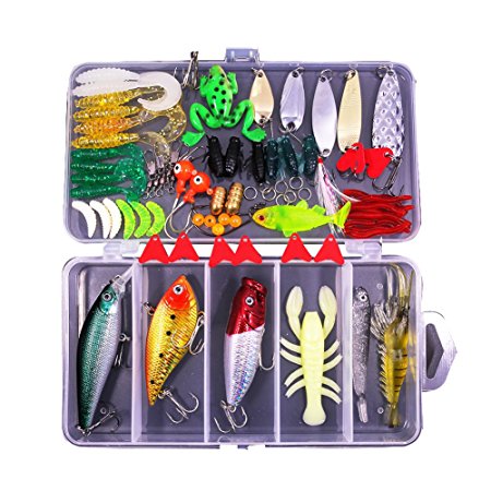 77-Pcs Fishing Lures Kit Set For Bass,Trout,Salmon,Including Spoon Lures ,Soft Plastic worms, CrankBait,Jigs,Topwater Lures (with Free Tackle Box)-by Saimanqiu