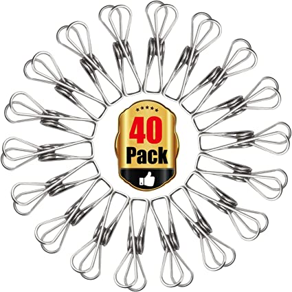 Clothespin 2.2” Pin, 40 Pack Stainless Steel Wire Clip Hook for Socks Towel Bag Scarfs Hang Drying Rack Tool, Laundry Kitchen Cord Wire Line Clothespins Pegs, File Paper Bookmark Binder Metal Clip