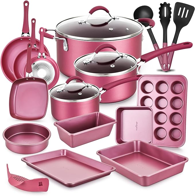 NutriChef Metallic Nonstick Ceramic Cooking Kitchen Cookware Pots and Pan Baking Set with Lids and Utensils, 20 Piece Set, Marron Pink