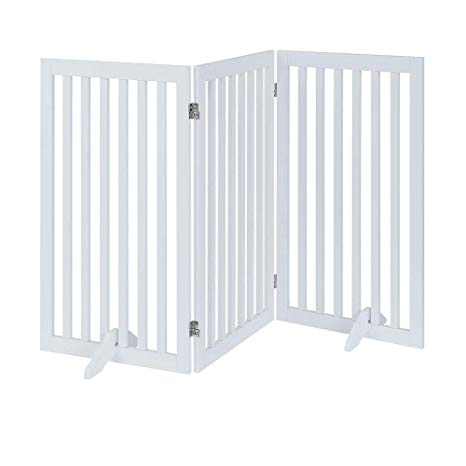 unipaws Freestanding Wooden Dog Gate, Foldable Pet Gate with 2Pcs Support Feet Dog Barrier Indoor Pet Gate Panels for Stairs, White