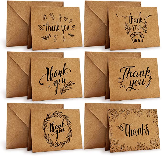 Thank You Cards Pack of 36, Ohuhu Thank You Cards Multipack with Envelopes, 4 x 6'' Brown Kraft Paper Thank You Greeting Cards / Thank U Cards for Weddings