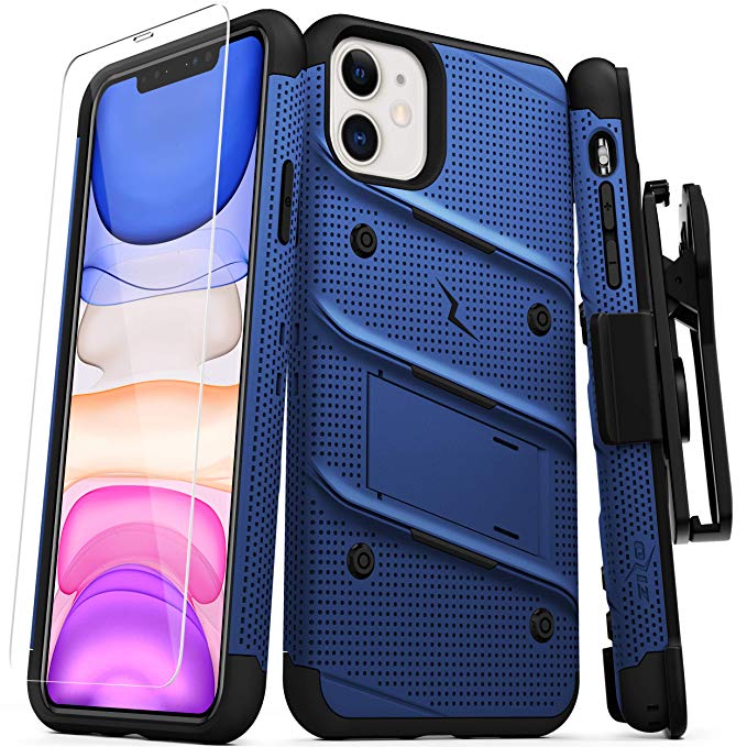 ZIZO Bolt Series iPhone 11 Case - Heavy-Duty Military-Grade Drop Protection w/Kickstand Included Belt Clip Holster Tempered Glass Lanyard - Blue