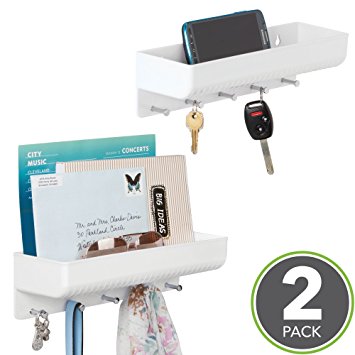 mDesign Wall Mount Mail Shelf and Key Rack for Entryway, Mudroom - Pack of 2, White