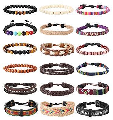 LOLIAS 18Pcs Leather Chakra Bead Tribal Bracelet for Men Women Charm Ethnic Wood Beaded Hemp Bracelets Boho Wristbands