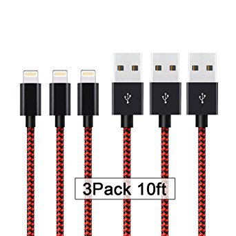 AOFU iPhone Cable,3Pcs 10FT Nylon Braided Lightning Charger to Cable Data Syncing Cord Compatible with iPhone 7/7 Plus/6S/6S Plus,SE/5S/5,iPad,iPod Nano 7(Black Red)