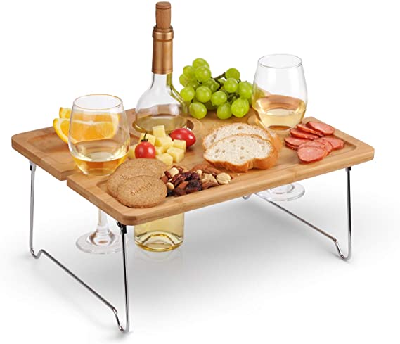 Tirrinia Outdoor Wine Picnic Table, Folding Portable Bamboo Wine Glasses & Bottle, Snack and Cheese Holder Tray for Concerts at Park, Beach, Ideal Wine Lover Gift