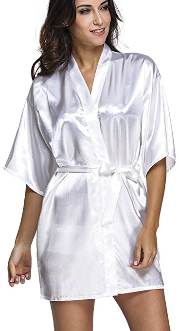 FLYCHEN Women's Short Pure Colour Robe Wedding Bridesmaid Lounge Kimono Satin Bathrobe