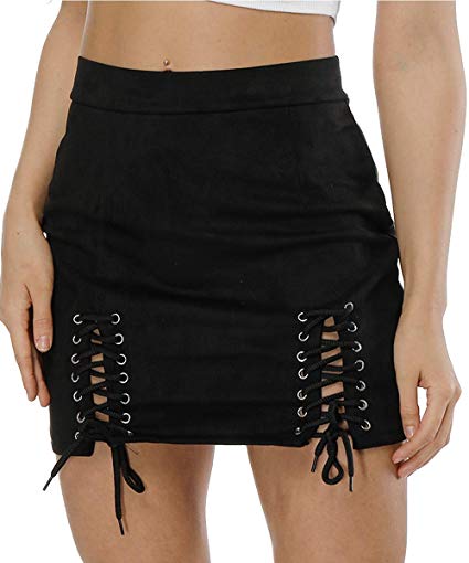 Aliwendy Women Sexy Criss Cross Tight Bodycon High Waist Faux Suede Stretch Mini Skirt