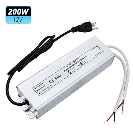 LightingWill Waterproof IP67 LED Power Supply Driver Transformer 200W 110V AC to 12V DC Low Voltage Output with 3-Prong Plug 3.3 Feet Cable for Outdoor Use