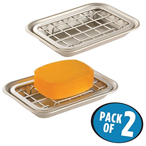 mDesign 2-Piece Soap Dish Tray for Kitchen Sink Countertops: Drainer and Holder for Soap, Sponges - Drainage Grid with Tray - Pack of 2, Rust Resistant Stainless Steel Metal in Satin Finish