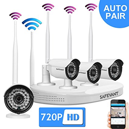 SAFEVANT 4CH 720PHD Wireless home Video Security System NVR kits with 4PCS 1MP Wireless Bullet IP Cameras,65ft Night Vision, with HDMI cable,Plug& Play