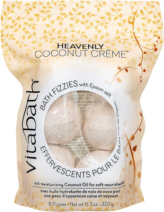 Vitabath Bath Fizzies with Epsom Salt Relax Nourish Unwind Heavenly Coconut Crème Calming Aromatherapy for Body & Mind, Muscle Soreness & Reviving Skin Nourishment - 6 Count