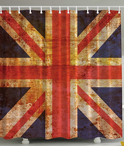 England Britain British Flag Patriot English Queen Grunge Made By Digital Printer Modern Home Bathroom Decoration Ideas Decorating Art Polyester Fabric Shower Curtain, Navy Orange Red White