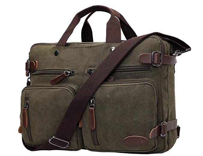 Mens Messenger Bag Convertible 15.6 Inch Laptop Backpack Vintage Canvas Briefcases Large Satchel Shoulder Bag Travel School Work Bags Army Green