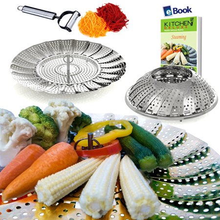 Kitchen Deluxe Vegetables Steamer Baskets - Large - 6.4-10.3" - 100% Premium Stainless Steel - Bonus 2 in 1 Julienne Veg Peeler, Cooking eBook & Hook for Center Ring - Steam Rice in Pots & Pans - Gift