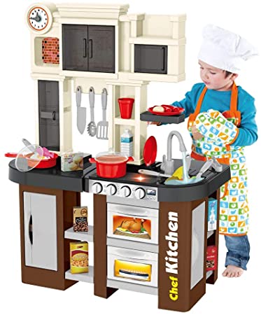 Deluxe Kitchen Playset,Kids Play and Pretend Kitchen Set with Sound and Lights,Simulation Cooking Toys for Boys Girls Over 3 Years Old,Provide by Mosunx (Brown)