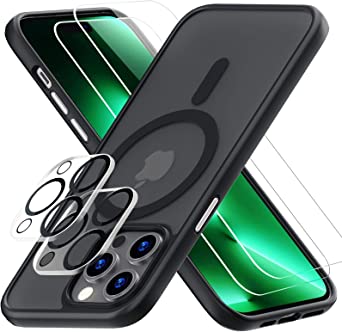 Huffii [SkinFeel [5 in 1] Magnetic Designed for iPhone 14 Pro Max Case MagSafe Mate   2PK Screen Protector   2PK Camera Lens Protector Shockproof Slim Translucent Matte Phone Case (Black)