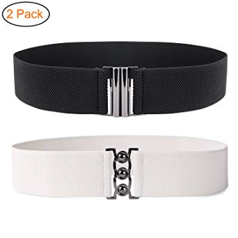 Vintage Wide Elastic Waist Belt Waistband Dress Stretchy Cinch Belt For Women 1.8 Inch Wide 2 Pack