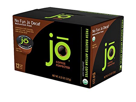 NO FUN JO DECAF: 12 Cup Organic Decaf Single Serve Coffee for Kuerig K-Cup Coffee Brewers, Medium/Dark Roast, Keurig 1.0 & 2.0 Eco-Friendly Cup, Water Process Decaf, No Additives, Non-GMO