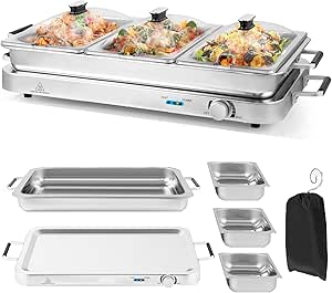 Giantex Buffet Server & Electric Food Warmer, 2-in-1 Food Warming Tray, Adjustable Temperature, 3 Food Pans with Lids, Dishwasher Safe, 8 QT Stainless Steel Chafing Dishes for Parties Holiday Events