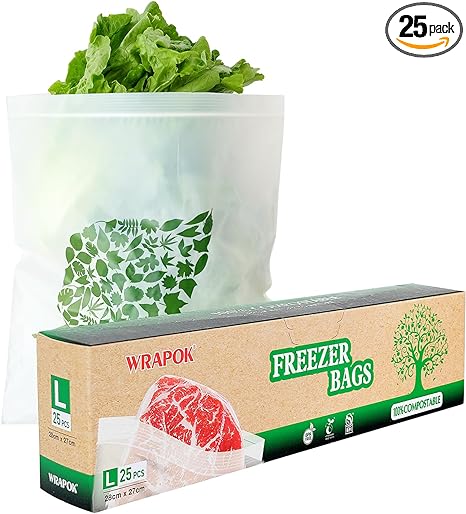 100% Compostable Gallon Freezer Bags Biodegradable Food Storage Bag for Vegetables, Fruits or Meats - 25 Count