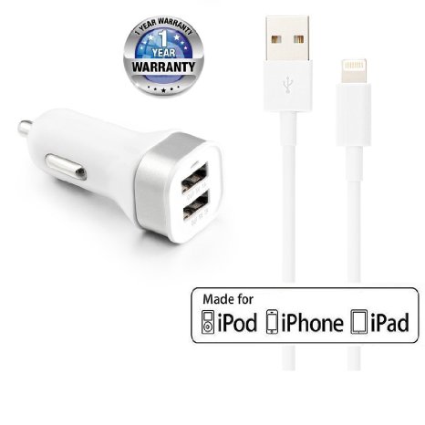 CE-Link Certified 3ft 8 Pin Lightning to USB Cable with 3.1A 15W Dual Port USB Car Charger