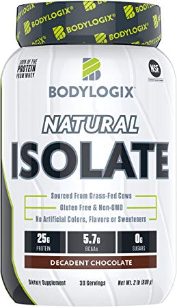 Bodylogix Natural Grass-Fed Whey Isolate Protein Powder, NSF Certified, Decadent Chocolate, 2 Pound