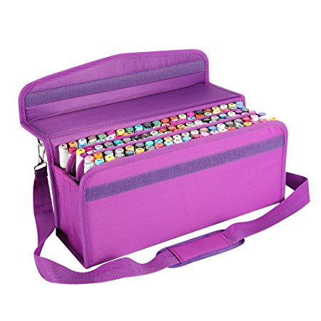 Caliart Marker Case Lipstick Case 120 Slots Marker Bag Holder Organization with Carrying Handle and Baldric for Prismacolor Marker and Copic Marker, Permanent Marker,Highlighter (Purple)