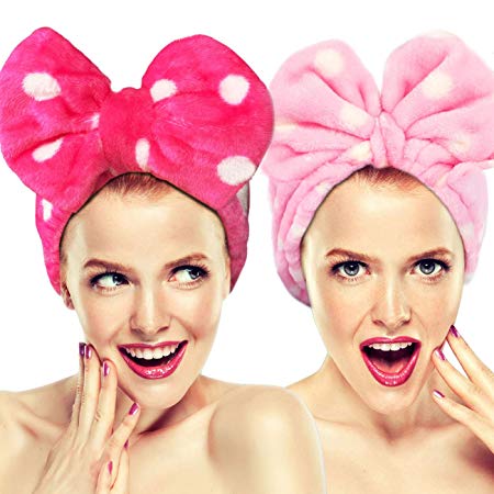 2 Pack Hairizone Cute Stretchy Bow Knot Wash Face Headbands, Lovely Towel hair band for Make-up, Shower, Spa, Massage and Sporting (Pink/Roseo)