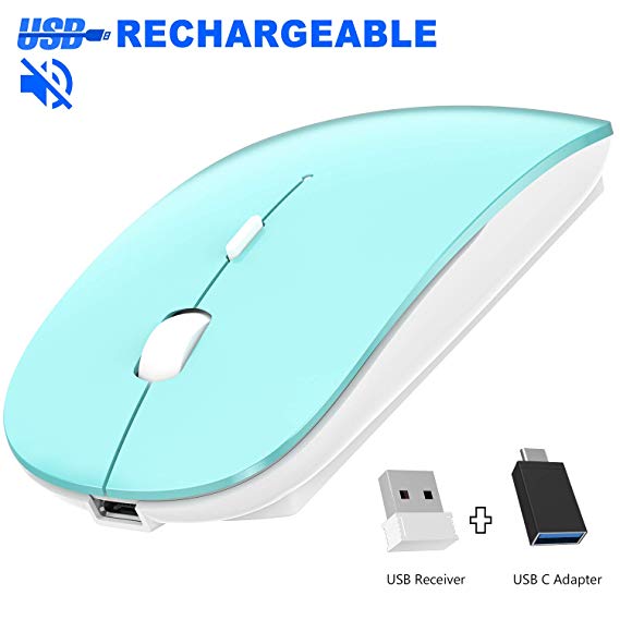 Rechargeable Wireless Mouse, Pasonomi 2.4G Slim Mute Silent Click Noiseless Optical Mouse with USB Receiver (Stored at Bottom of The Mouse) Compatible with Notebook, PC, Laptop, Computer, Mac, Blue