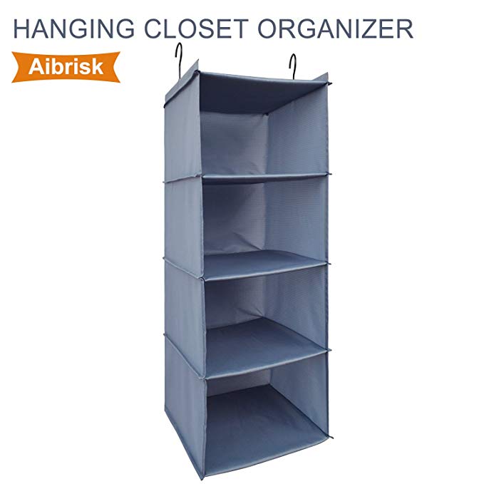 Aibrisk 4 Shelves Hanging Closet Organizer Collapsible Hanging Closet Shelves Oxford Cloth, Gray